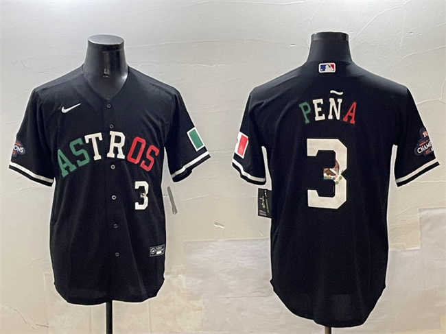Men's Houston Astros #3 Jeremy Peña Black Mexico With World Serise Champions Patch Cool Base Stitched Baseball Jersey